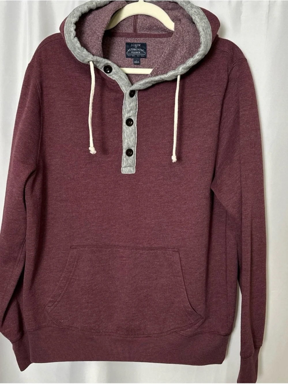 J.Crew Authentic Fleece Burgundy Henley Pullover Hoodie Large